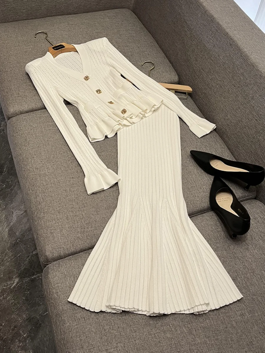 

Модный вязаный комплект из двух предметов с поясом Bell Sve Top и юбкой Fi-tail B0443 Женский комплект для поездок на работу и сна