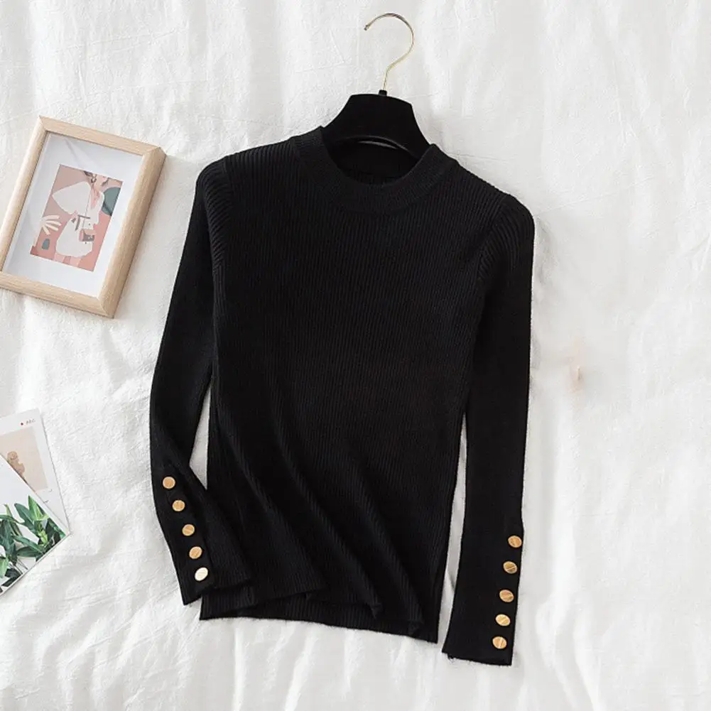 Women Round Neck Top Elegant Crew Neck Women's Sweater with Long Sleeves Button Decor for Fall Winter Fashion Slim Fit Knitted