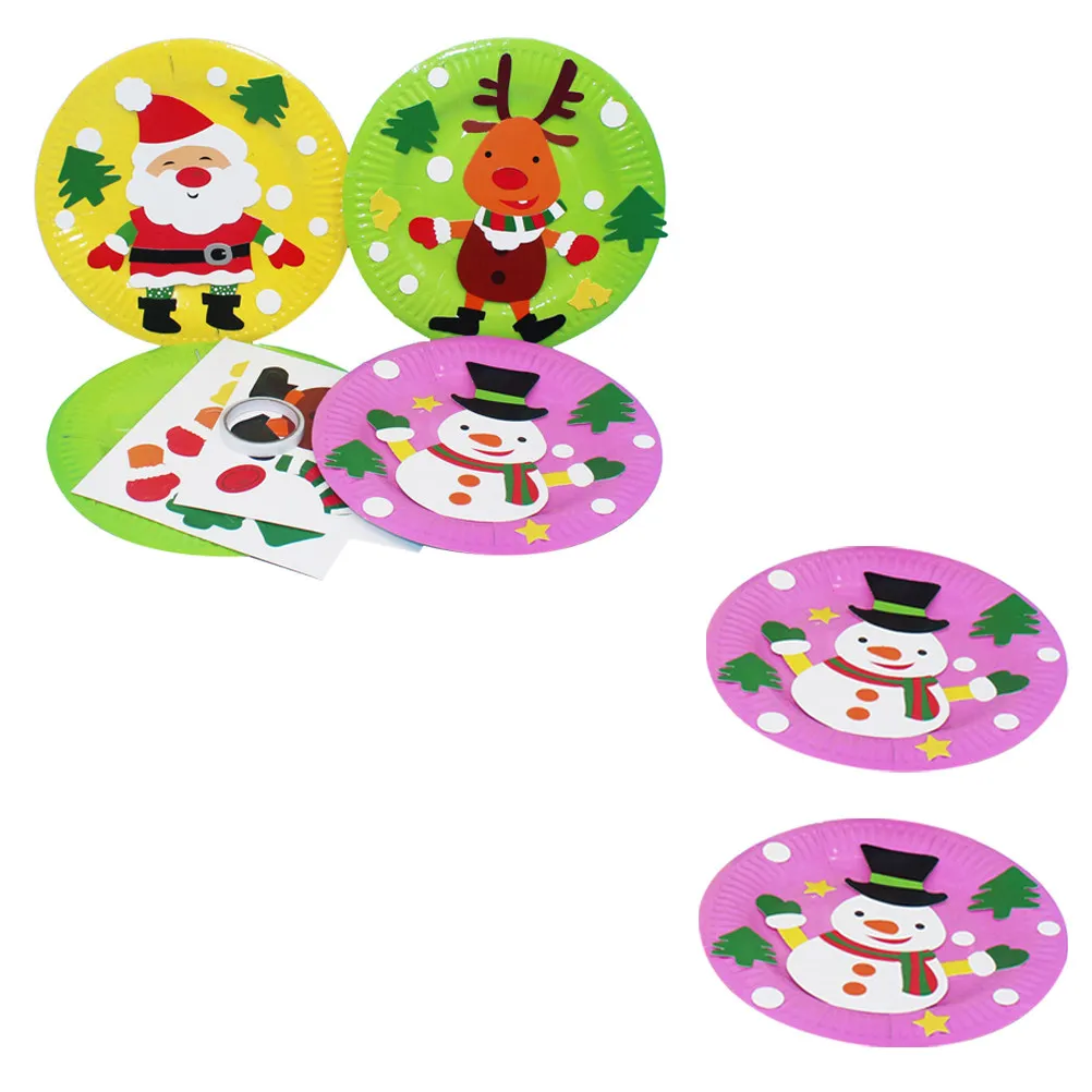 6Pcs Paper Plate Sticker Material Kit for Kids DIY Hand Painting Christmas Craft Activity Creative Bright Cartoon Design Easy to