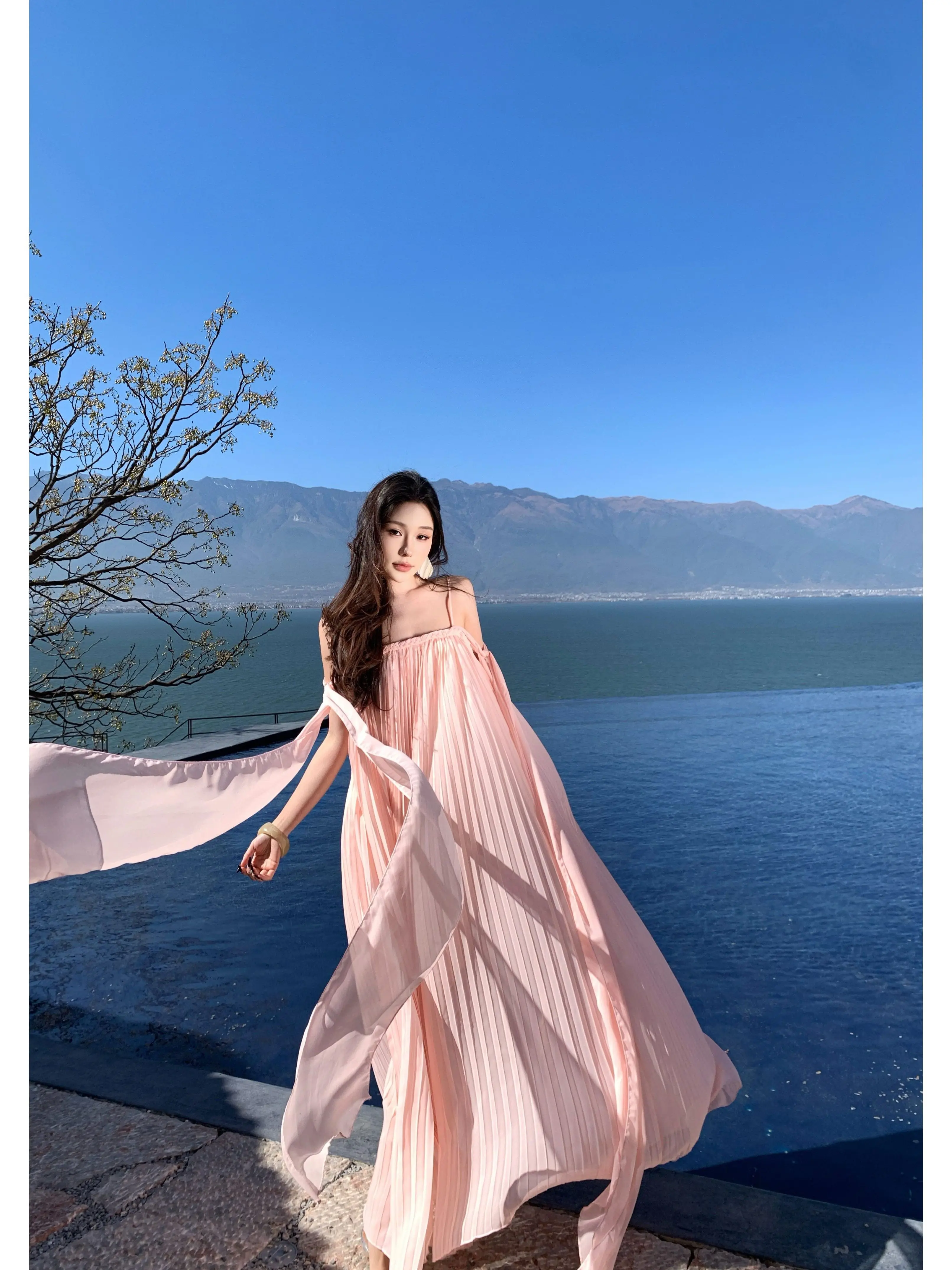 

XiaoLi Pink Sakura Summer Beautiful Beach Vacation Lightweight Unique Long Strapless Dress Casual Travel Casual Leisure