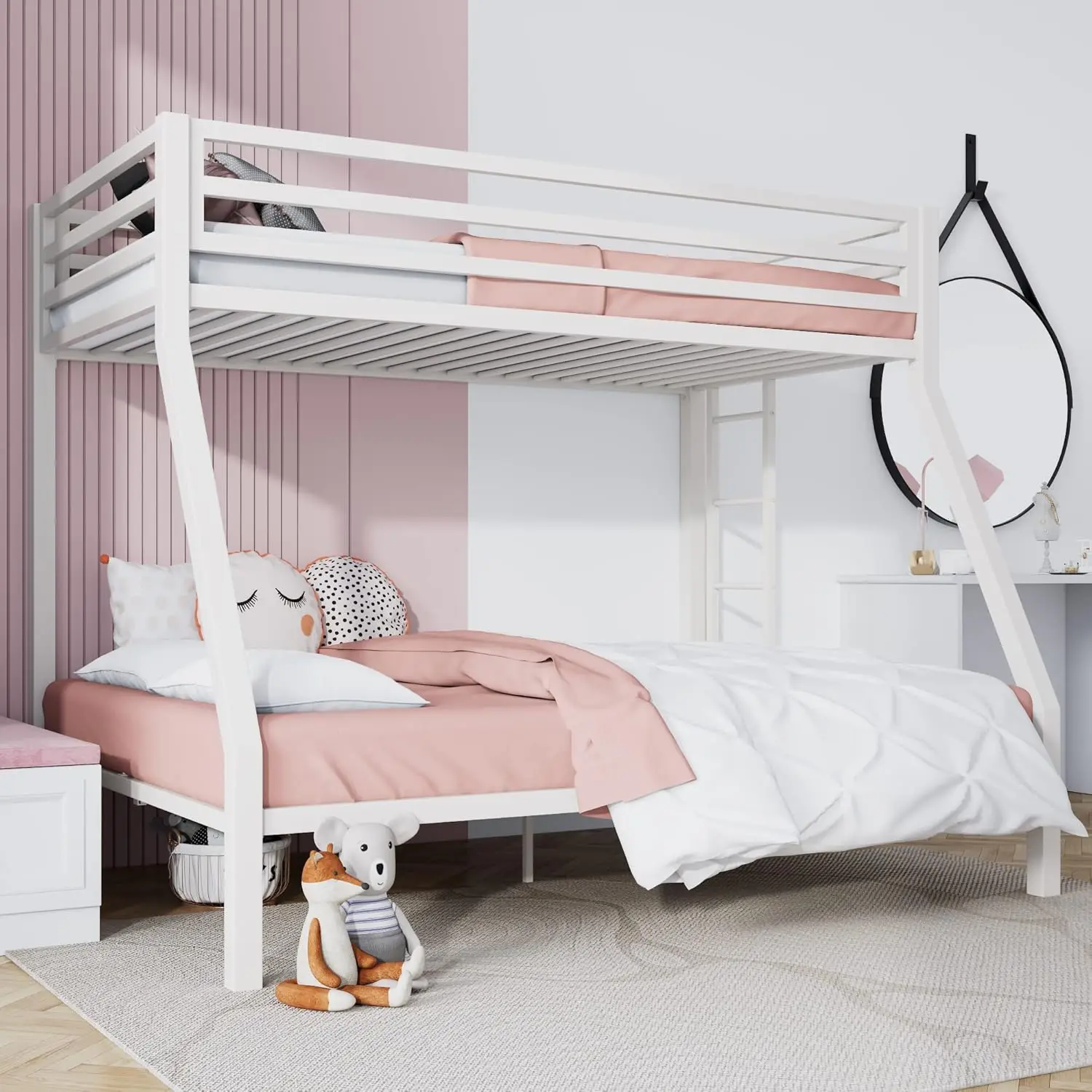 Metal Bunk Bed Twin Over Full Size with Removable Stairs, Heavy Duty Sturdy Frame with 12