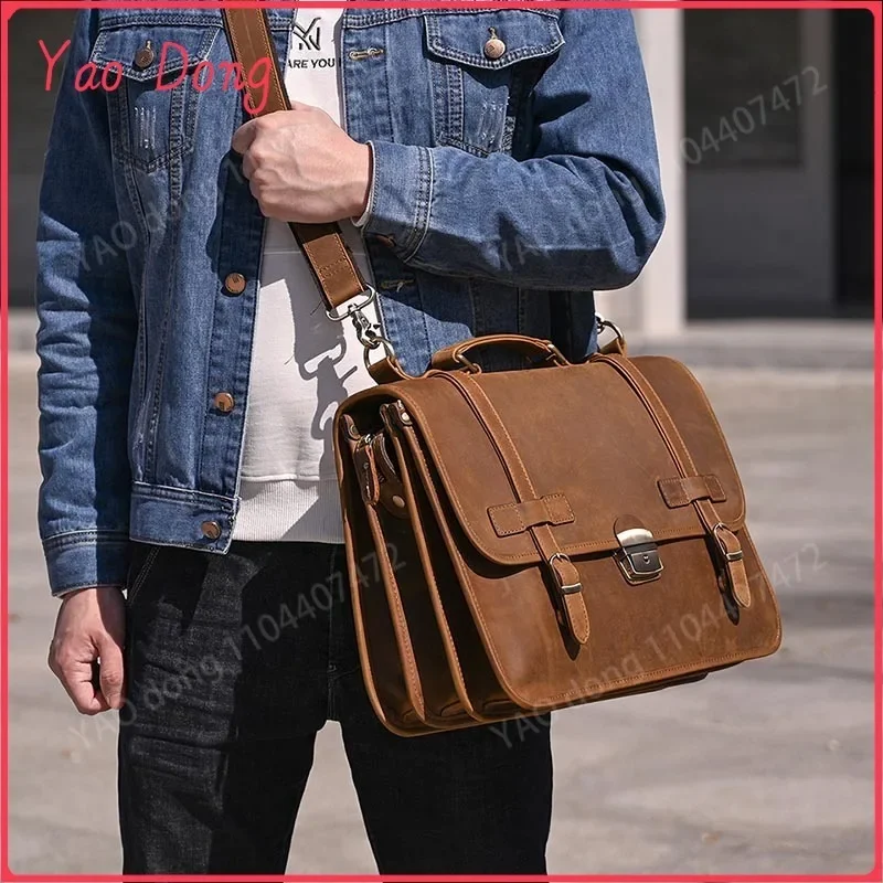 Yao Dong Men Genuine Leather Briefcase With Dial Lock 14 inch Laptop Business Bag Cowhide Laptop Handbag Mens Work Tote Big Shou