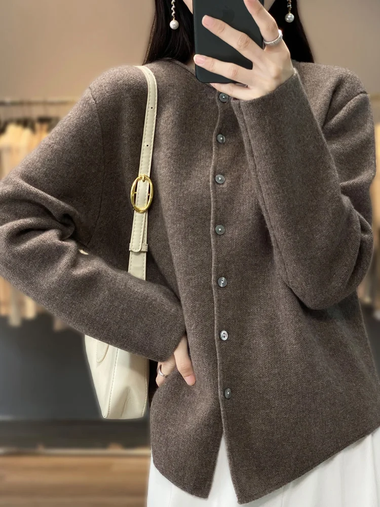 New 100% Women Merino Wool Sweater Loose Fit O-Neck Cardigan Knitwear Cashmere Soft Warm Casual Clothing Tops In Autumn Winter