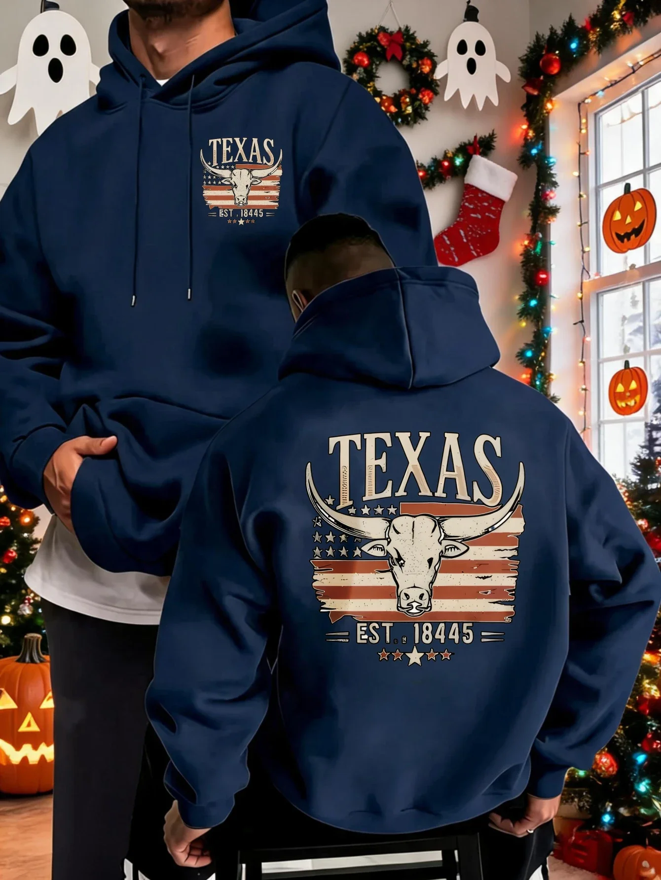 Men's Graphic Hoodie Texas Longhorn Flag Print Autumn Winter Vintage Western Oversized Sweatshirt Suitable for Daily