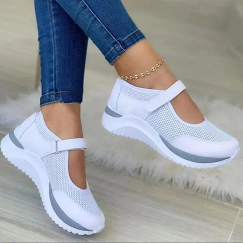 Round Head Knitted Women's Thick Sole Single Shoes Women's Plus Size 42 43 Grid Casual Women's Shoes Sneakers Women