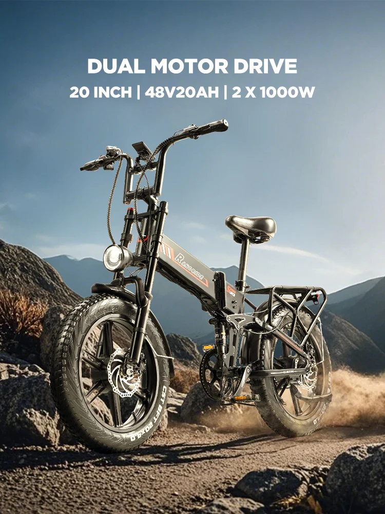 AliExpress NONE RANDRIDE YX20M-2 Adult Ebike 20*4.0 Inch Fat Tire Max speed 40-45KM/H 48V 20AH 1000W*2High speed motor Foldable E-Mountain Bike IP65 waterproof Double shock absorption Electric Bike Hydraulic Disc