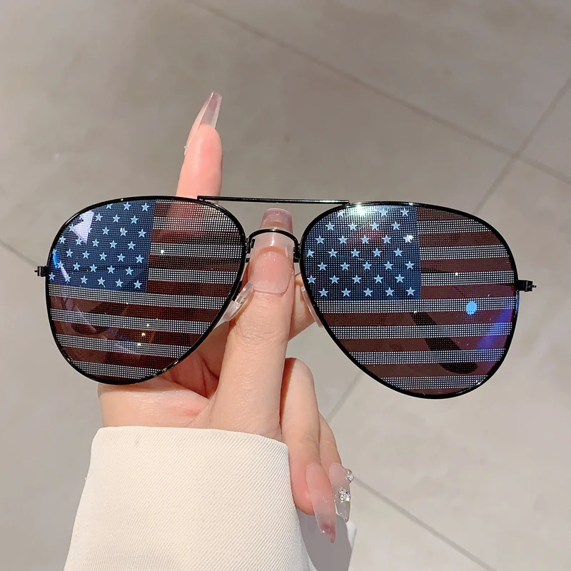 KAMMPT Vintage Pilot Sunglasses with National Flags Classic Metal Rim Party Shades Fashion Design Match Decorative Sun Glasses