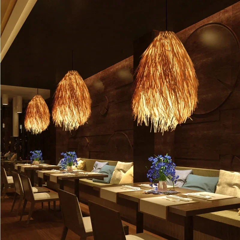 Japanese Style Creative Handmade Woven Rattan Pendant Light Living Room Pendant Light Dining Table Ceiling Interior Decoration