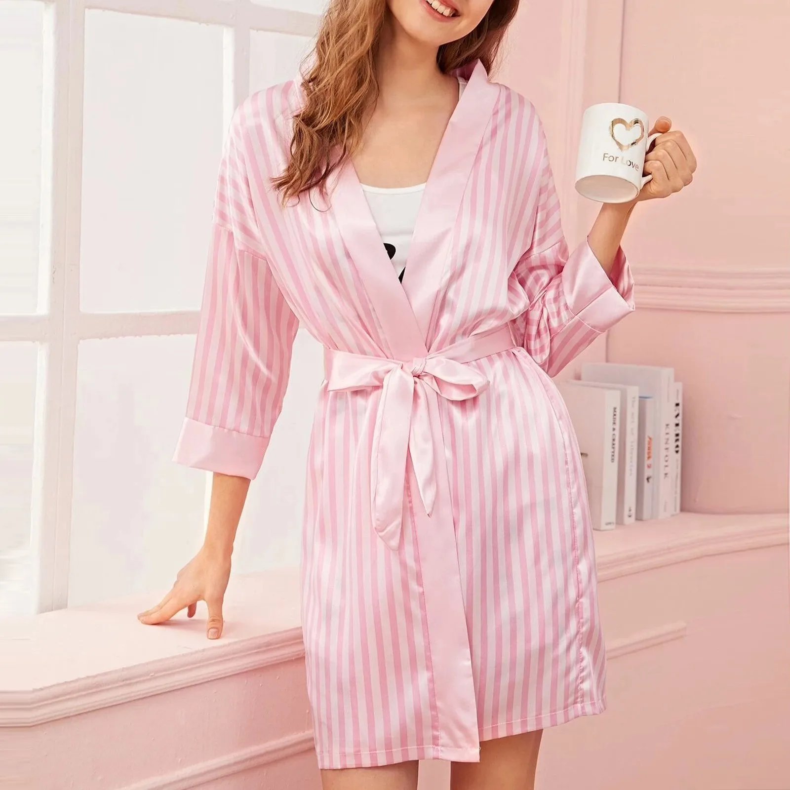 Ropa de dormir de seda satinada para mujer, lencería Sexy a rayas, pijamas, camisón, ropa interior informal para el hogar, ropa de dormir de manga larga