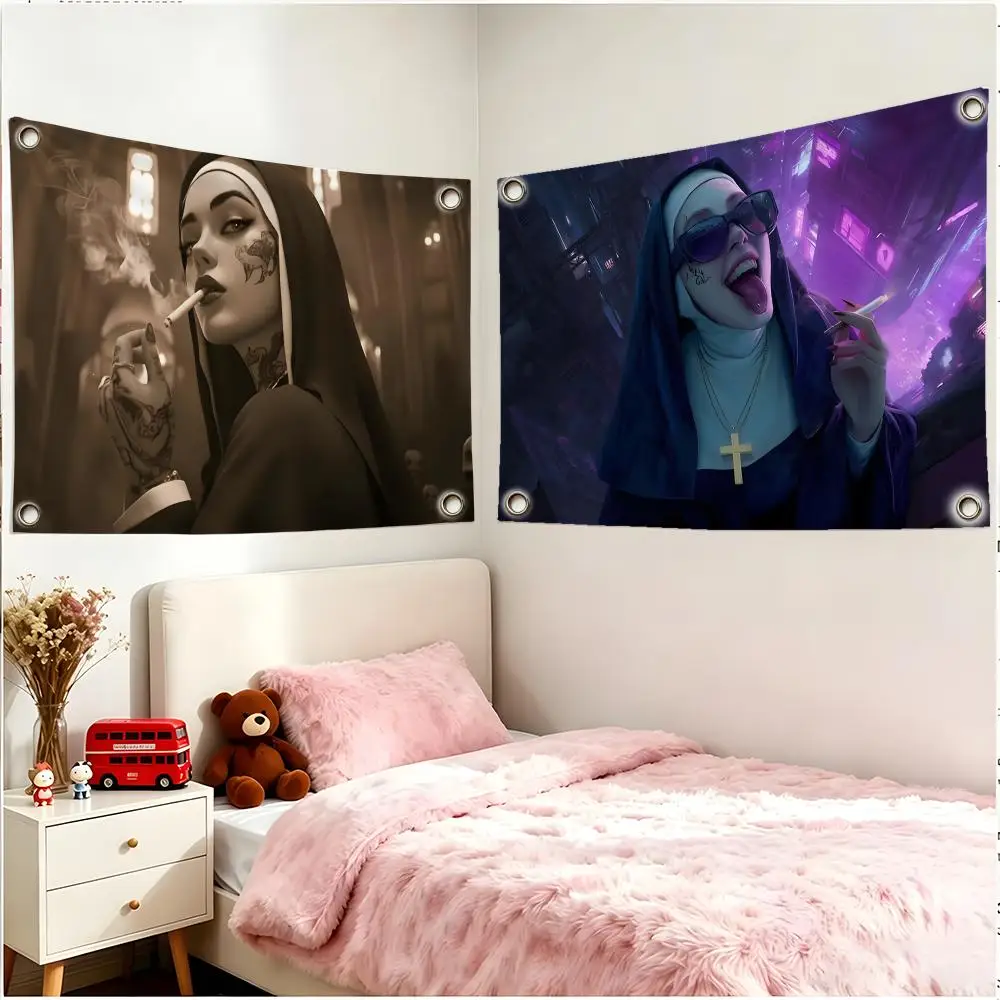 Art Graphic Smoke Nun Flags Four Ring Borderless Art Decor Indoor Outdoor Use Simple Hang And Install