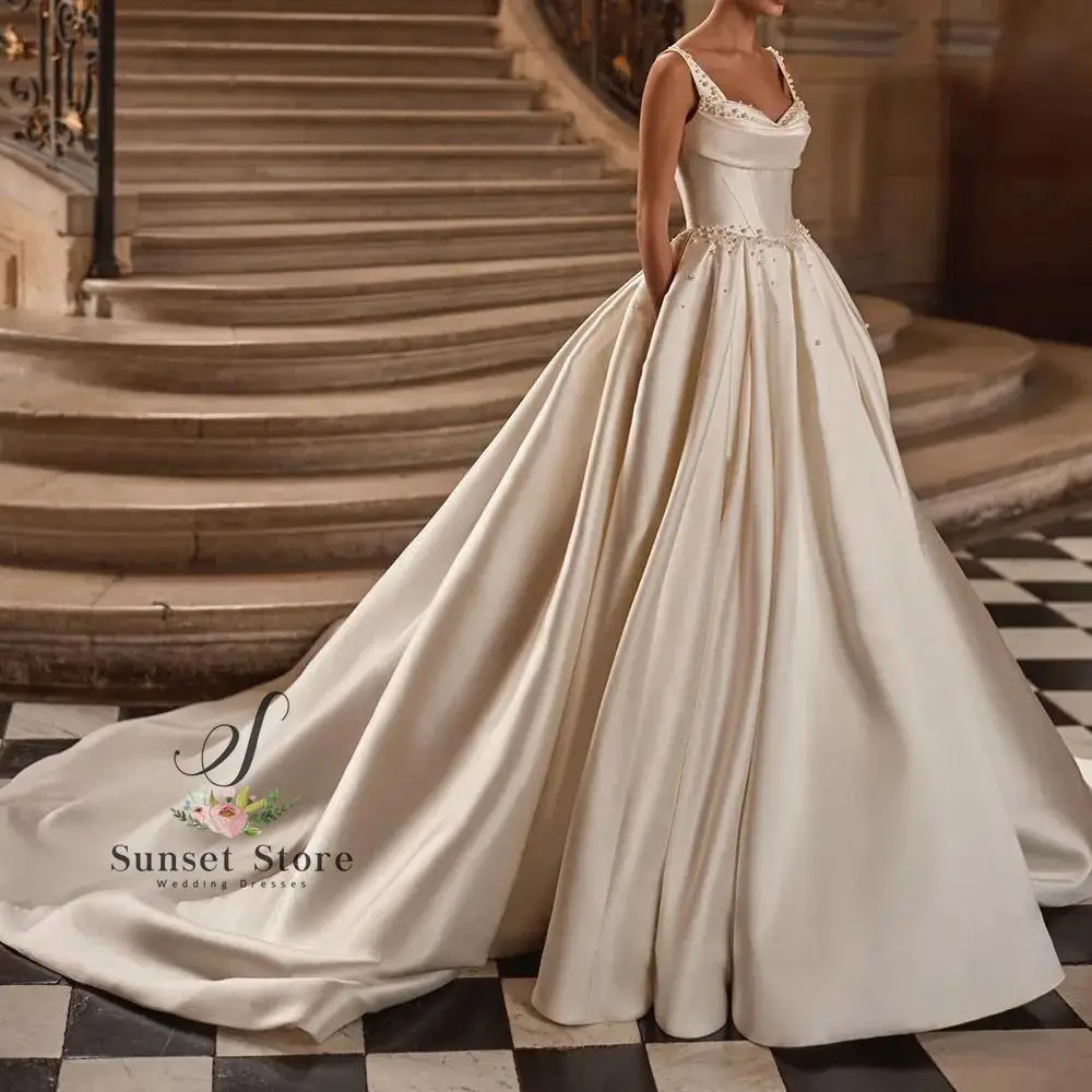 Customized Pearls Wedding Dresses for Elegant Women Sleeveless Draped Scoop Collar Royal Train Gowns Formal Princess Dess Vestid