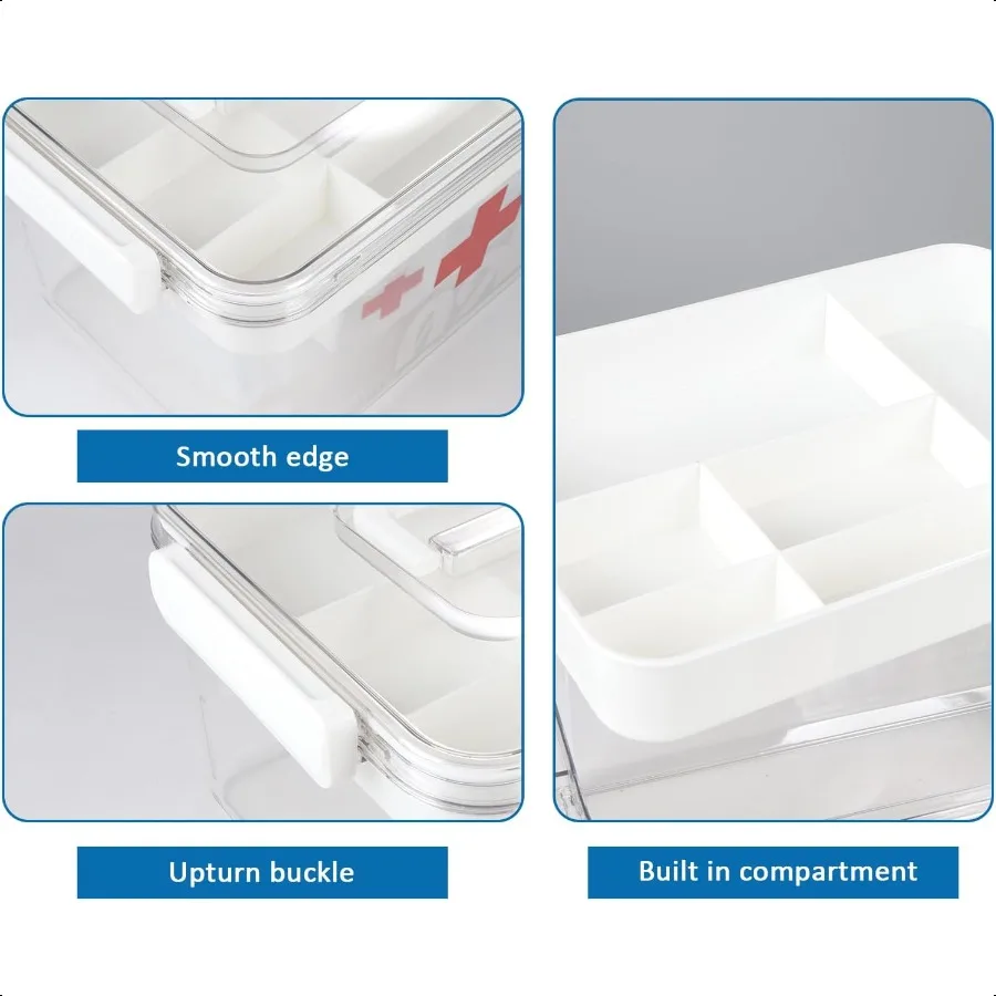 Home First Aid Box and Travel Medicine Storage Box Plastic Medicine Kit Case Container Empty Medical Box with Lock Lid Handle E