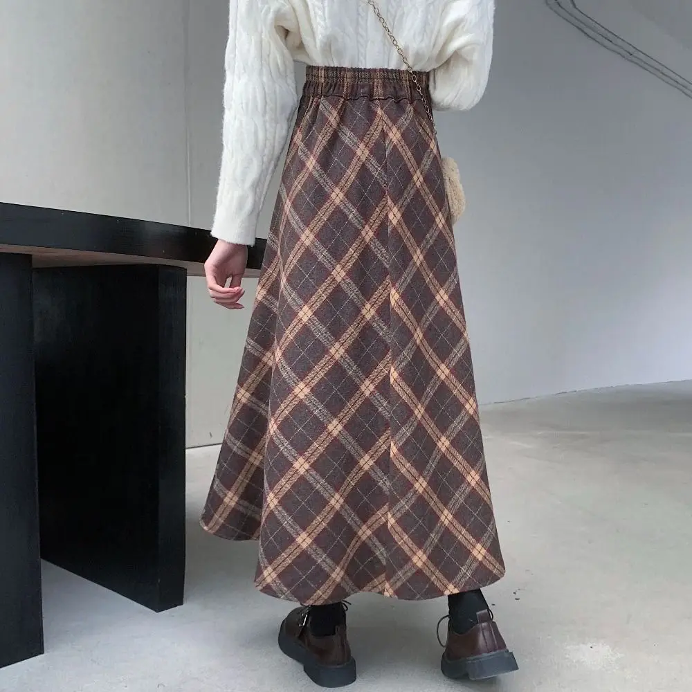 Ins Style High Waist Retro Plaid Skirt Winter Autumu Classical High Waist Long Skirt Aesthetic Slim Fit A-line Half Dress Women