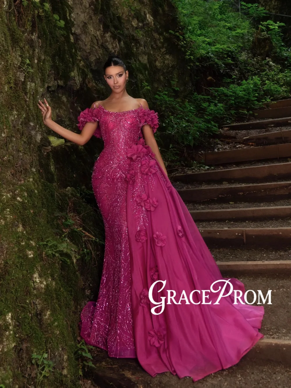 

Rose Red Beaded Evening Dress With Side Train Handmade 3D Floral Mermaid Wedding Party Gown Customized Luxury Red Carpet Gowns