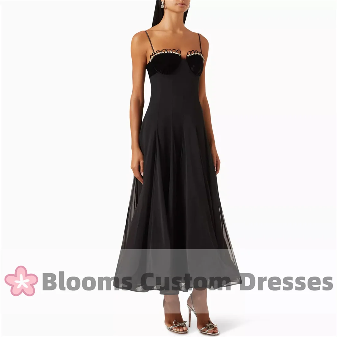 Blooms Spaghetti Straps Customized Prom Dress Shiny Rhinestone Velvet Formal Occasion Gown Chiffon Party Evening Dresses