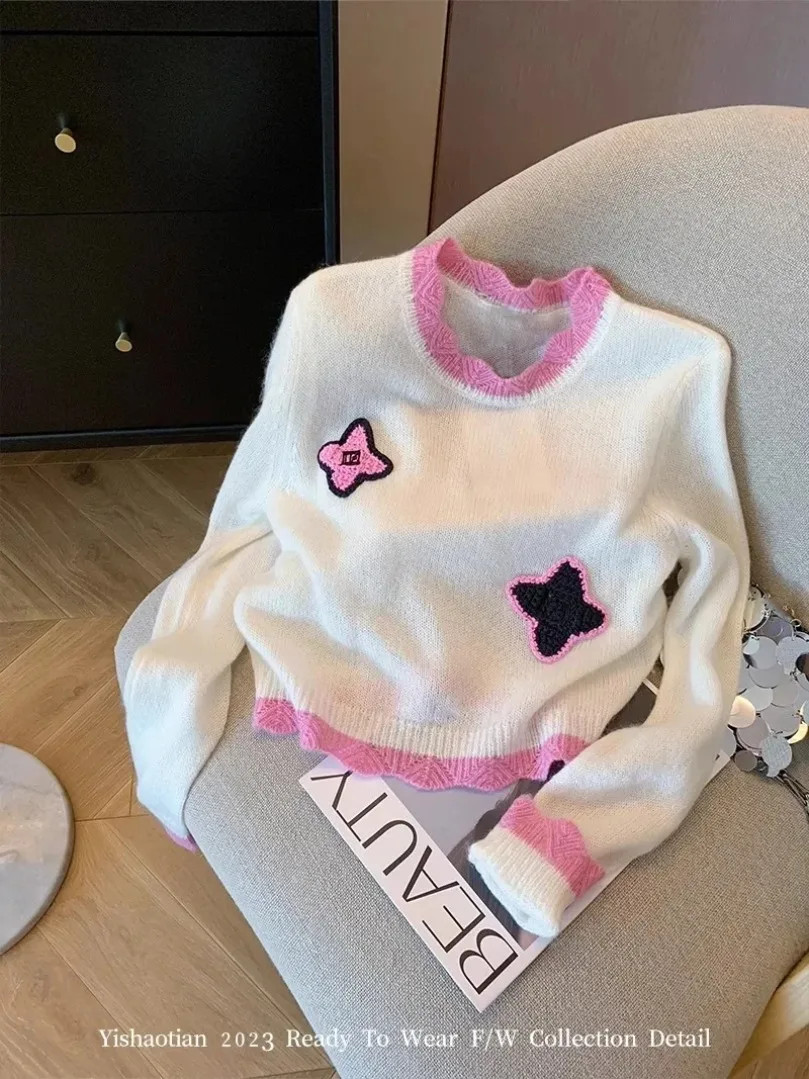 Knitting Long Sleeve Sweet Jumpers Casual Y2K Pullovers Winter Korean Fashion New Women Print Round Neck Ladies Sweater