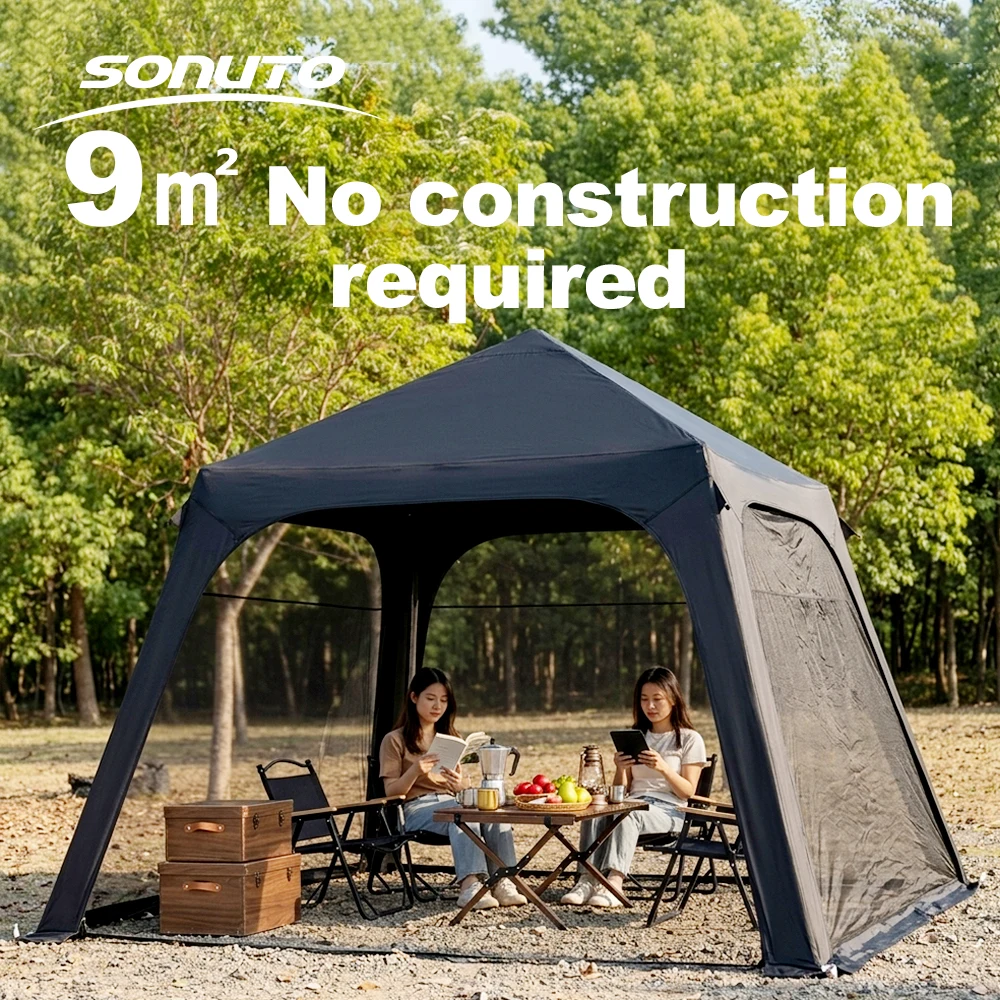 Sonuto 4-6 Person Inflatable Camping Tent with Awning, PU3000mm Waterproof Air Tent, 4 Season Instant Setup Glamping Cabin Bed