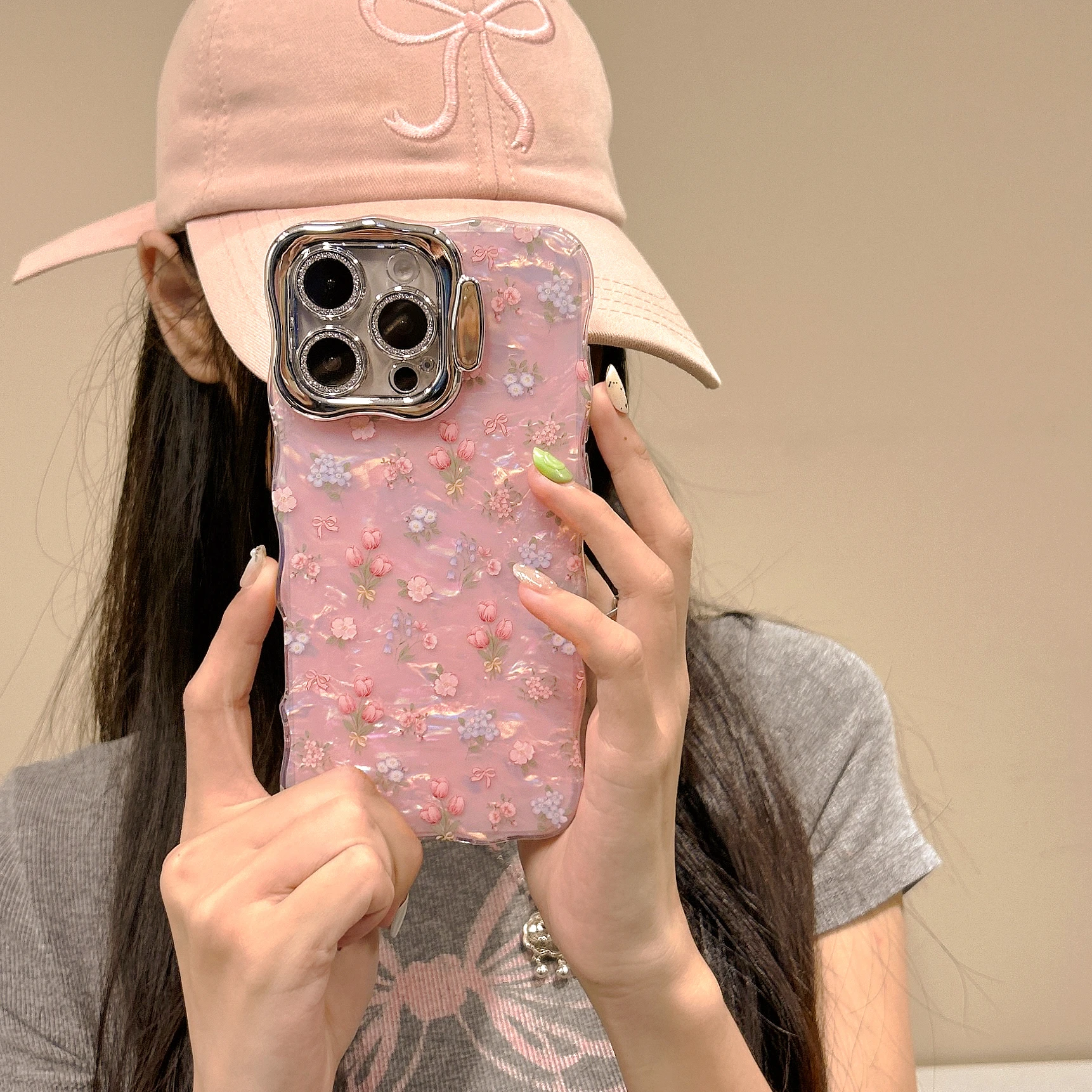 Chic Tulips Pattern Waving Frame Shell Gloss Len Frame Kickstand Phone Case for iPhone 16 15 14 11 12 13 Pro Max Plus Back Cover view 6