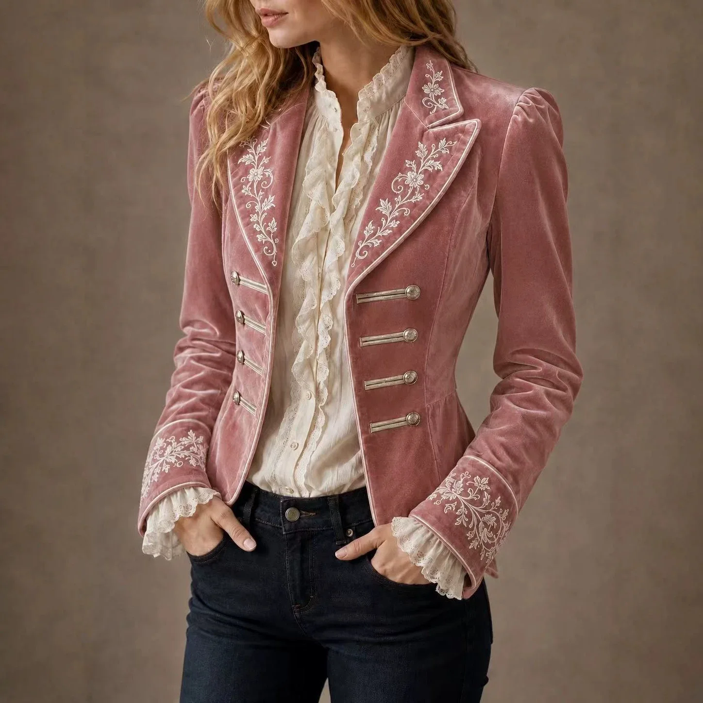 Women Vintage Velvet Cropped Jacket Floral Embroidery Lapel Long Sleeve Double Breasted Elegant Victorian Retro Outerwear Coat