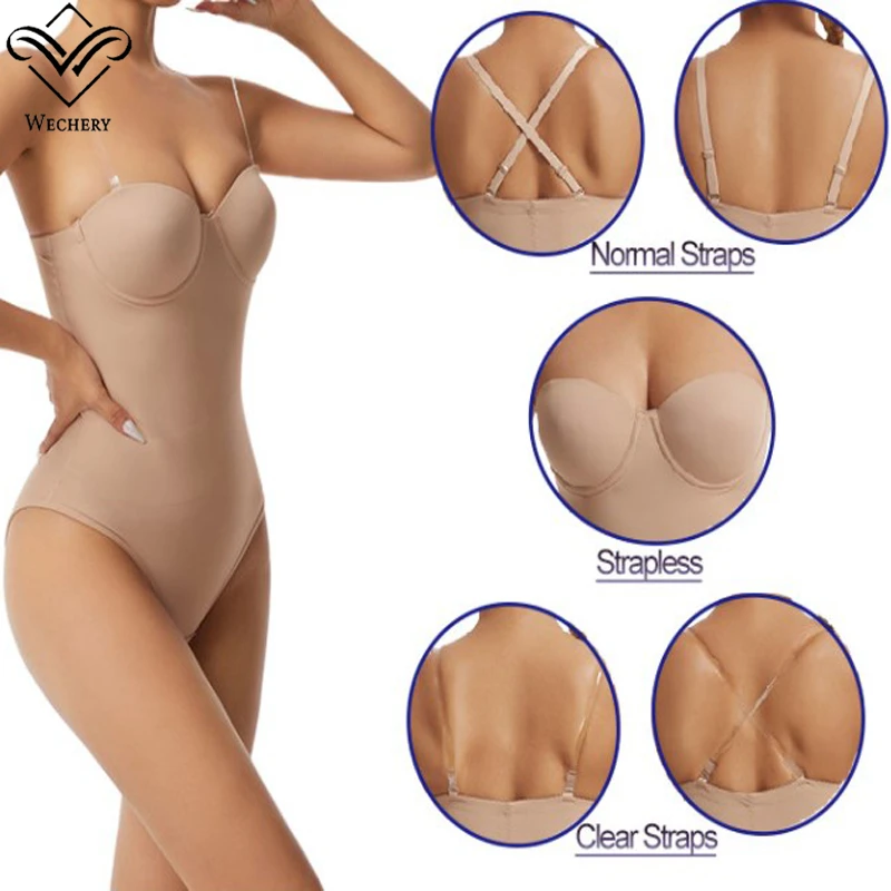 Wechery Women\'s Bodysuit Slimming Body Shaper Tummy Control Shapewear Detachable Shoulder Strap Female Underwear