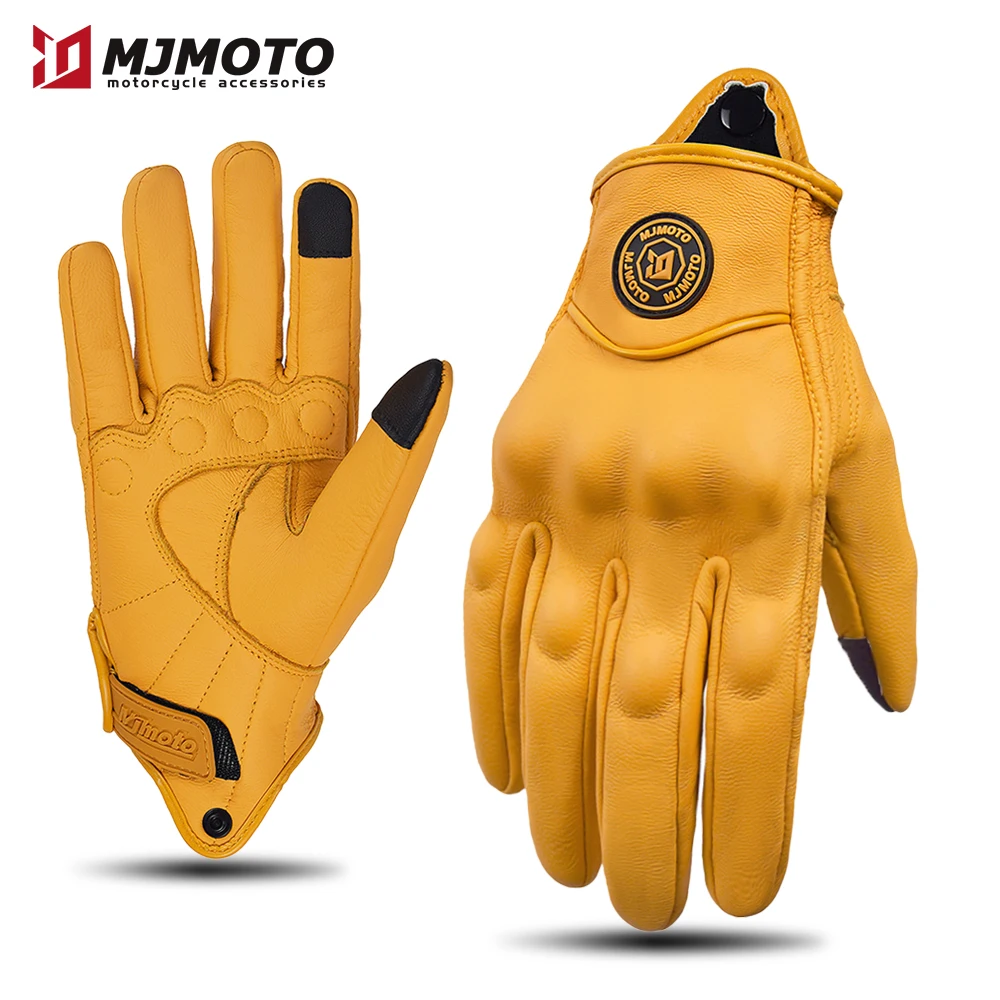 Retro Geel Lederen Motorhandschoenen Heren Dames Ademend Geperforeerd Motorracehandschoenen Touchscreen Motocross Moto Handschoen