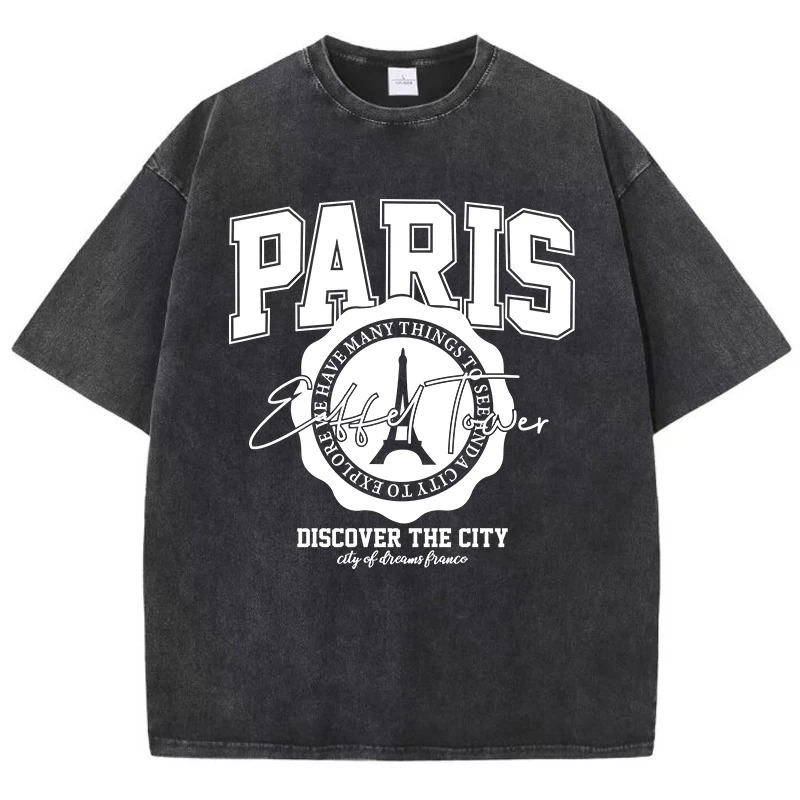 

Casual Woman Acid Wash T-Shirts Paris Discover The City Prints Tees Distressed Oversize Cotton Short Sleeve Trend Female Clothes