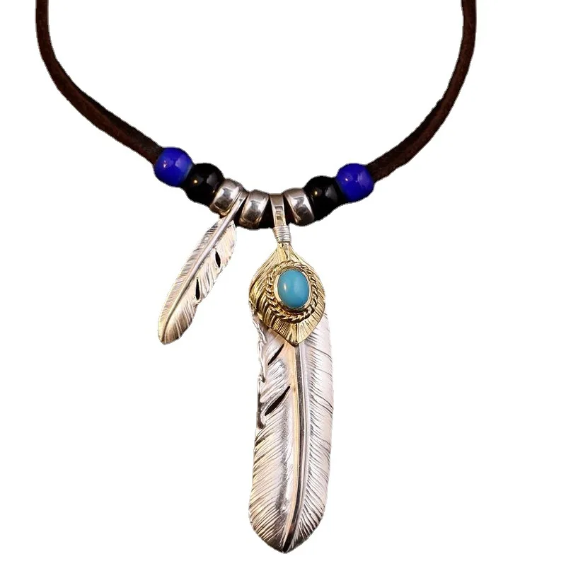 المألوف الهندي الرجعية نمط ريشة الفيروز قلادة بو الجلود حبل قلادة الرجال والنساء تصميم سلسلة الترقوة #6