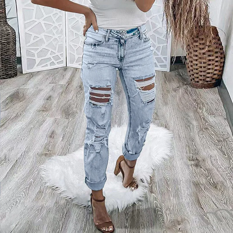 European and American Style New Water Washing Hole Break Jeans, Women's Light Blue Skinny Jeans Long Pants , Spring and Autumn