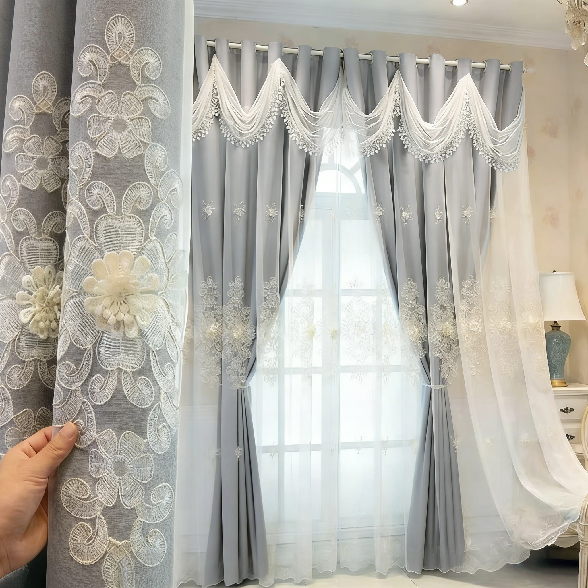 1pc Dreamy 3D Dual-Layer Floral Embroidered Curtain, Wave-Style Header Drapery, Suitable for Various Styles Living Room Bedroom