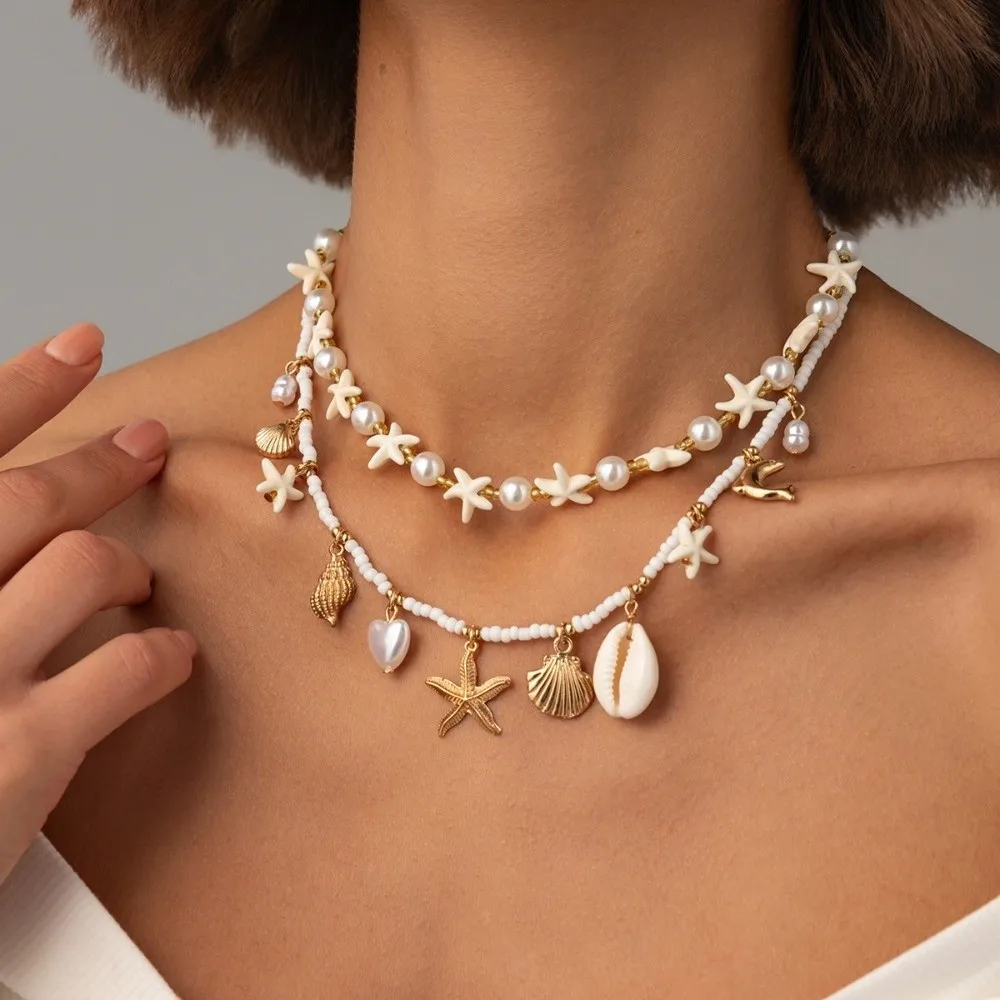 Imitation Pearl Necklace Chain Starfish Mold Conch Shape Shell Pendant Coastal Tone Layer Wear Design Holiday Decor Photo Shoot