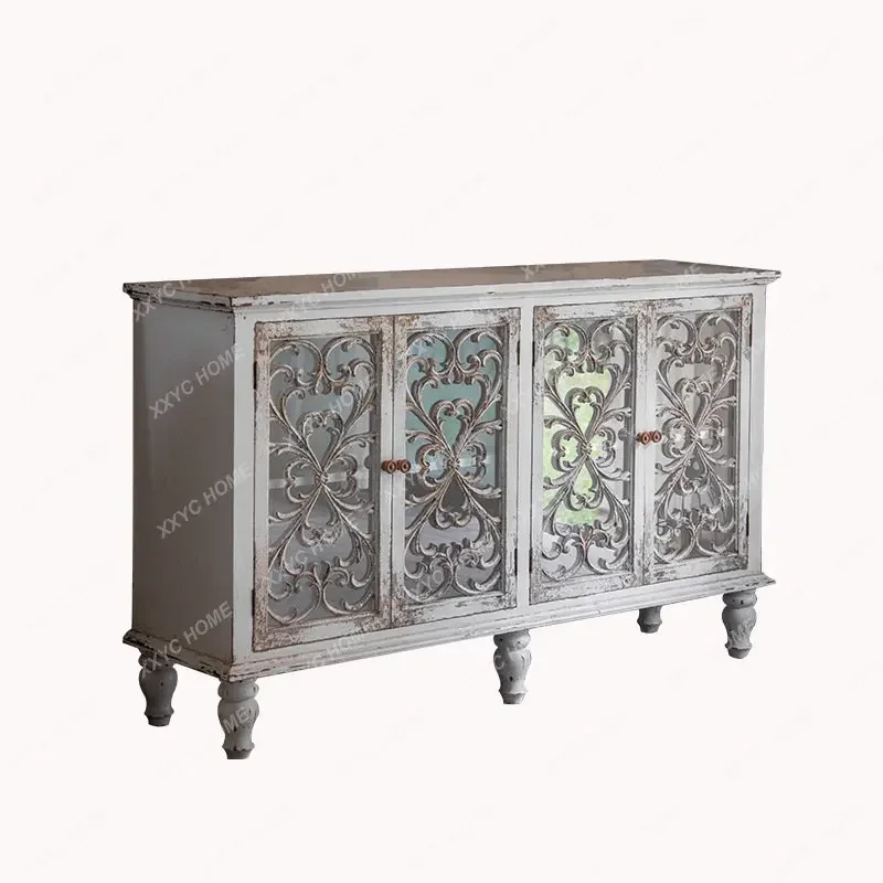 American Country Cabinet Vintage Solid Wood Carved Glass Sideboard Cabinet B & B Home Decoration Entrance Cabinet