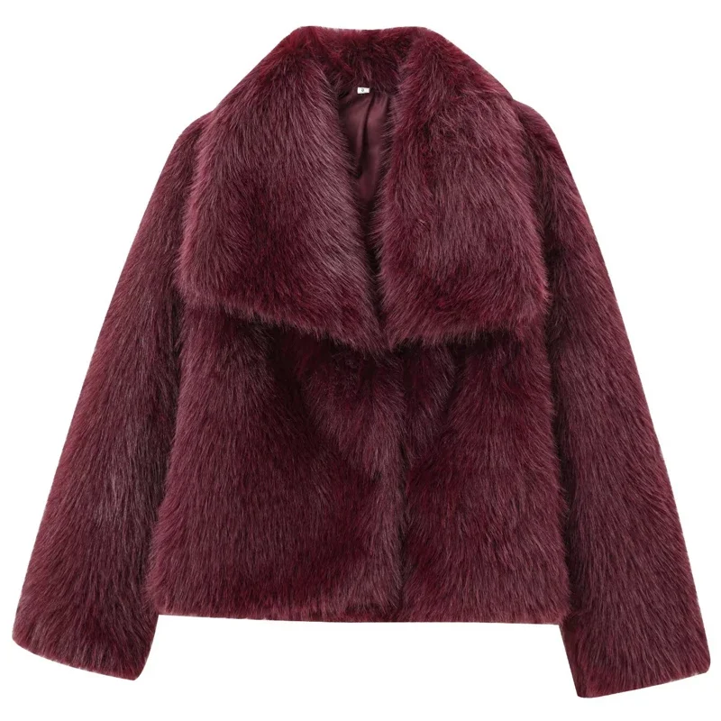 HXAO Women\'s Fur Coat Women 2024 Plush Burgundy Bomber Jacket Solid Crop Long Sleeve Jacket Warm Winter Coats Woman Casual Coats