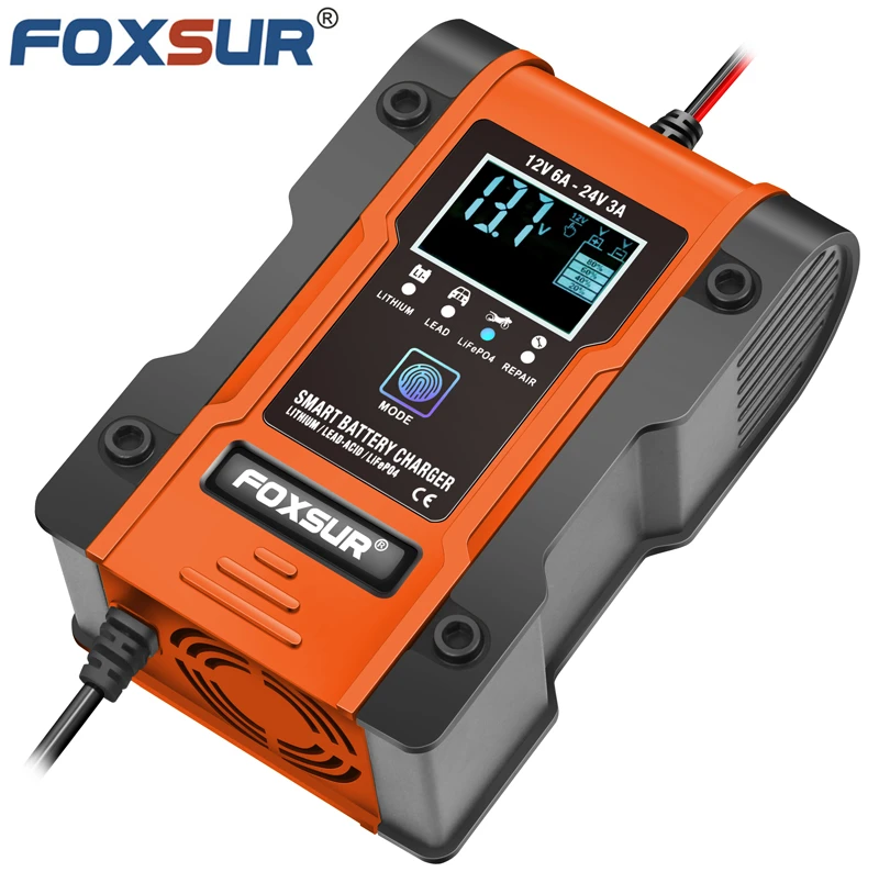 

FOXSUR 12V 24V 6A Automatic Smart Battery Charger, 7-stage Car Battery Charger for GEL WET AGM 12.6V Lithium LiFePO4 LiPo