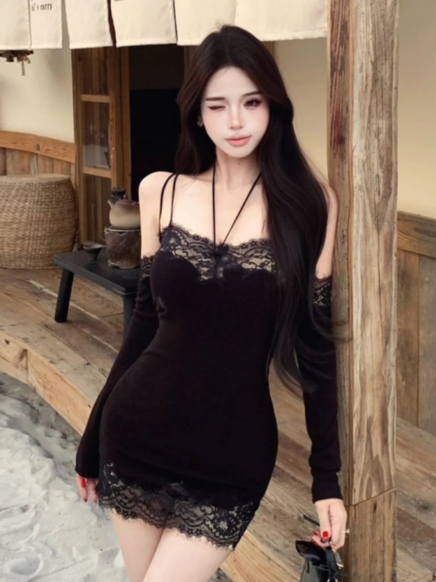 

Sexy Pure Desire oulder Bared Strap Long Sve Dr Lace Splicing Slim Fit ort Skirt for Date And Par Winter Wear