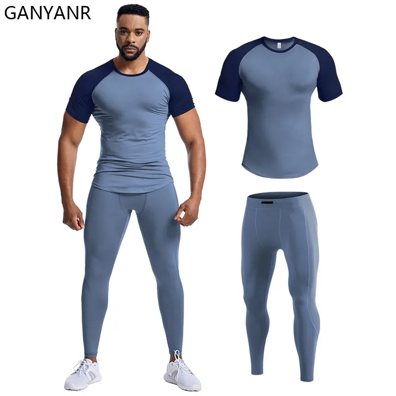 GANYANR Running Suit Men Sports set Clothing T-shirt Sweatshirt gym Football basketball Soccer Sweatpants fitness Tracksuit yoga