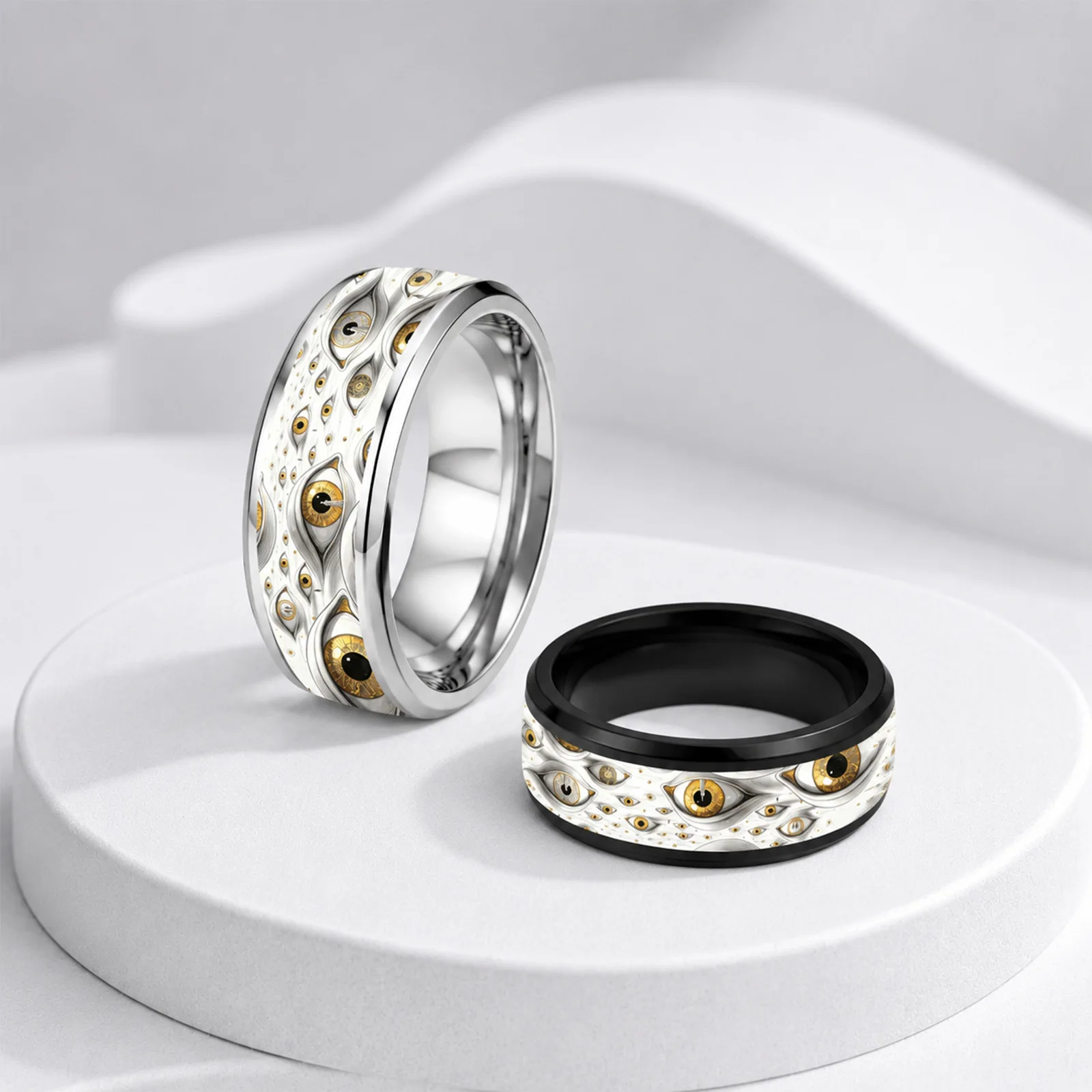 Fashion 8MM Eye of Truth Stainless Steel Rings Set Polished Wedding Unique Double Beveled Black White Stainless Steel Jewelry