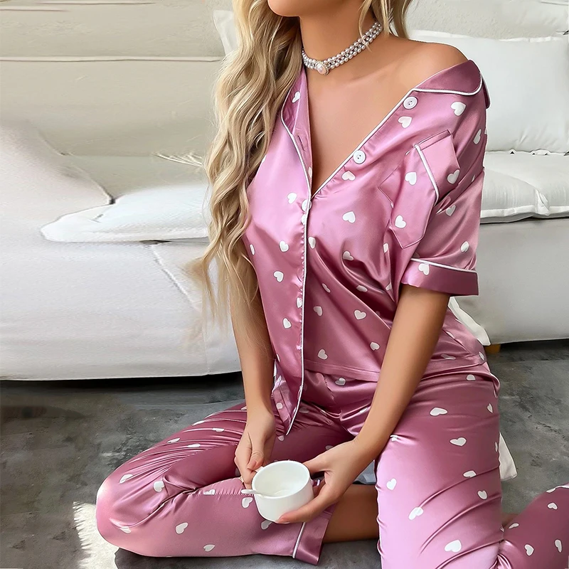 Women\'s Sleepwear Heart Print Satin Pajama Set Casual Short Sleeve Buttons Lapel Top & Pants Pajamas Soft Home Clothing Pyjamas