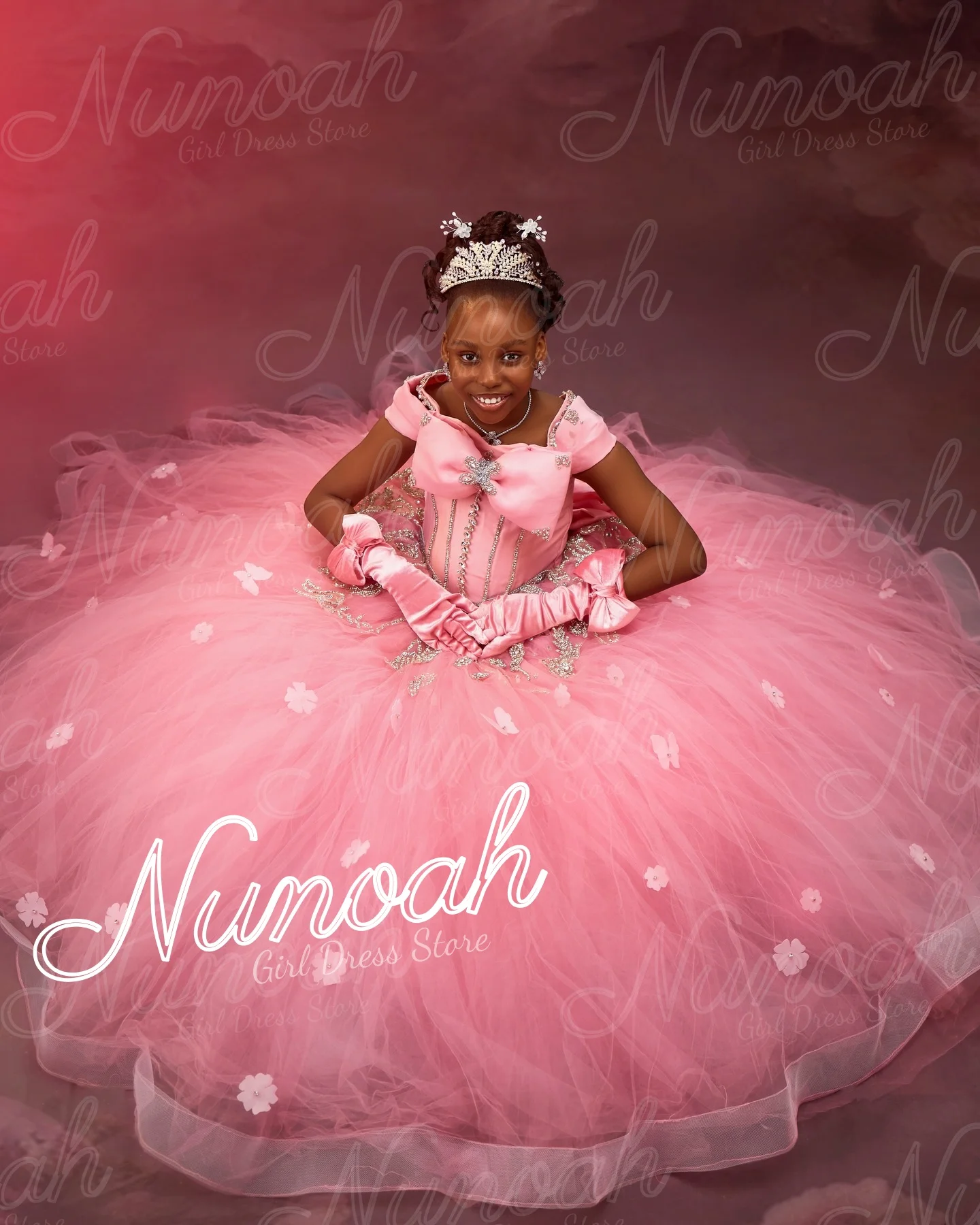 Pink Flower Girl Dress For Wedding with Bows Crystal Princess Girl Birthday Party Floral First Holy Communion Gowns Customized