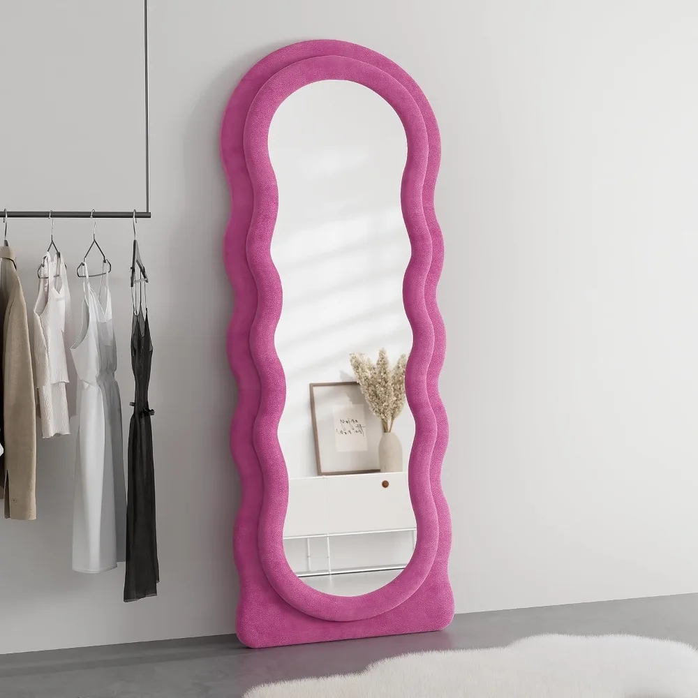 Full Length Mirror, 63" x 24"Irregular Wavy , Large Floor Length Wall Mounted, Standing Wavy with Flannel Wrapped Wooden Frame