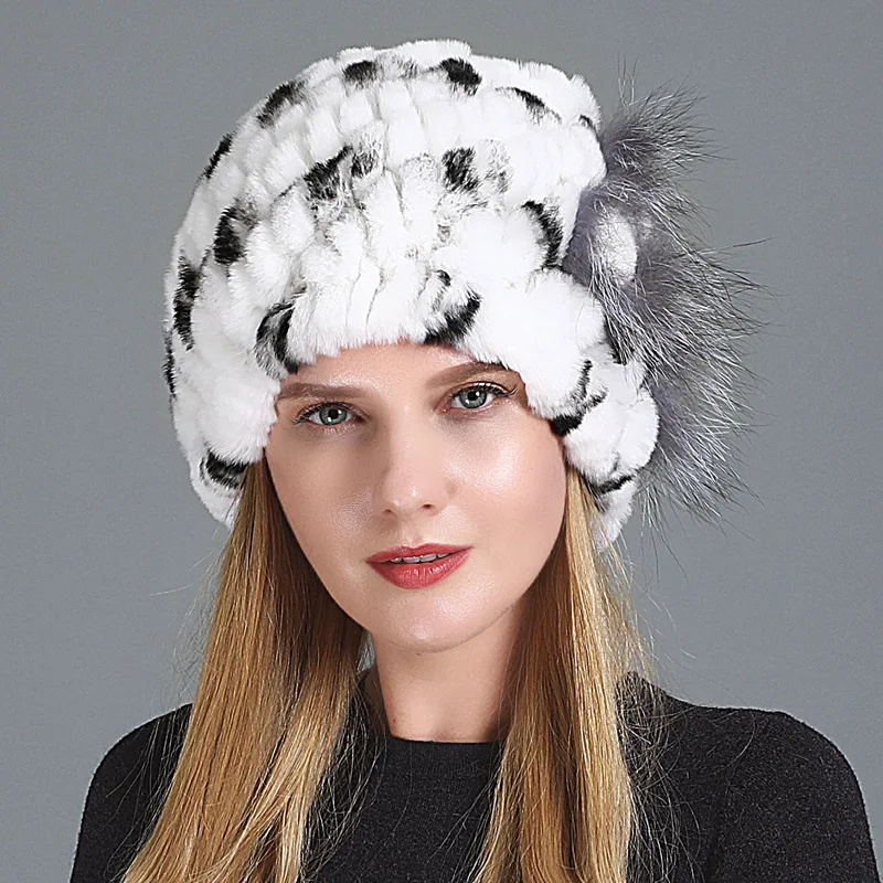 Autumn and Winter Hats, Scarves, Warm and Thick Otter Rabbit Fur Grass, New Fox Flower Knitted Double-layer Hats for Adults