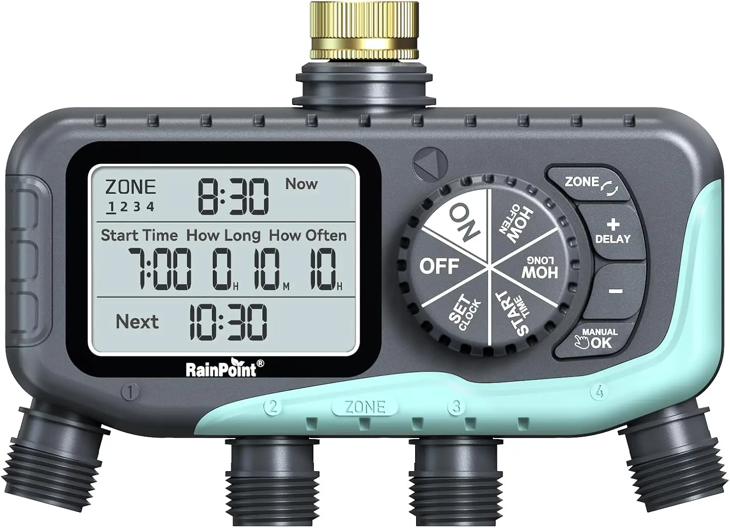 

4-Zone Garden Hose Timer with Rain Delay, Manual/Automatic Modes for Yard and Lawn Irrigation