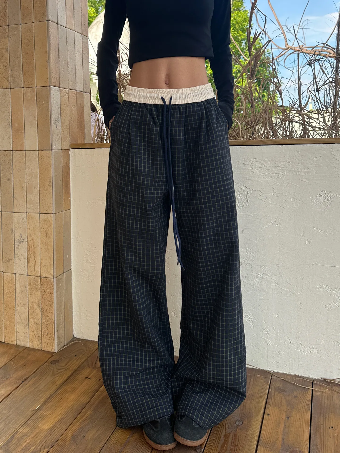 

Женские широкие брюки в клетку с пэчворком, осенние, в американском винтажном стиле Y2K 2000-х годов, с высокой талией, в стиле хип-хоп, дышащие спортивные штаны