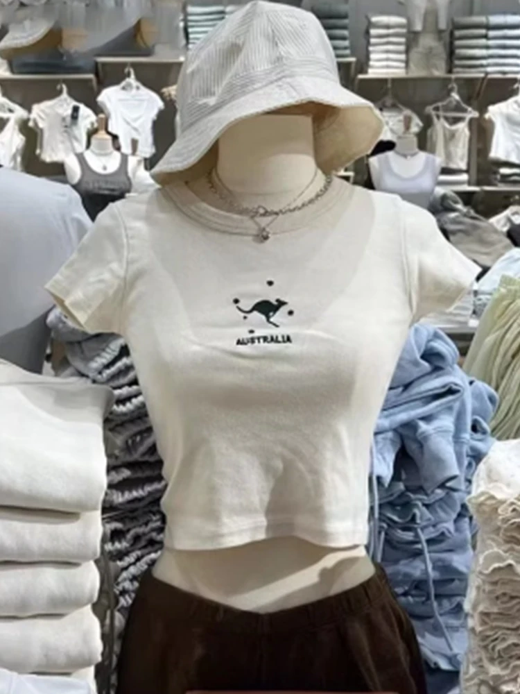 Casual Women Cotton Beige Kangaroo Embroidery Tees 2023 Summer Vintage O Neck Short Sleeves Female Crop Tops