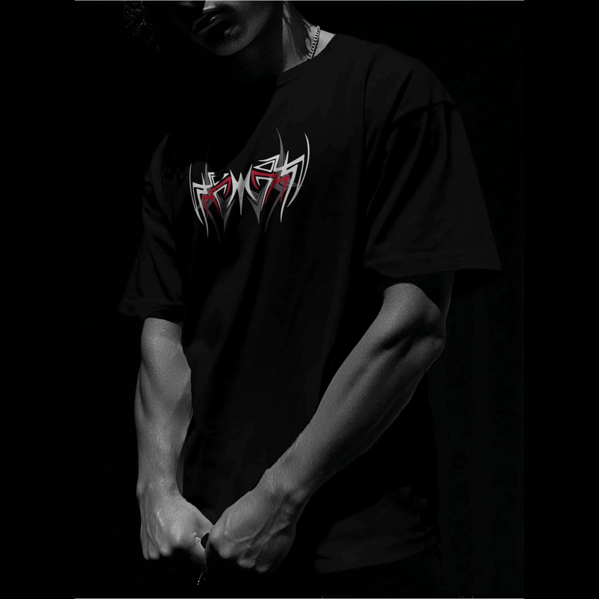 Oversized Crew Neck T-Shirt Men Sharp Tribal Metal Font Graphic Black Gothic Punk Darkwear Casual Street Top