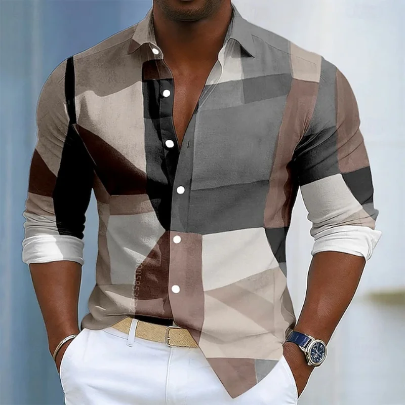 Men's long sleeved printed shirt with geometric black and white checkered collar, slim fit casual men's top