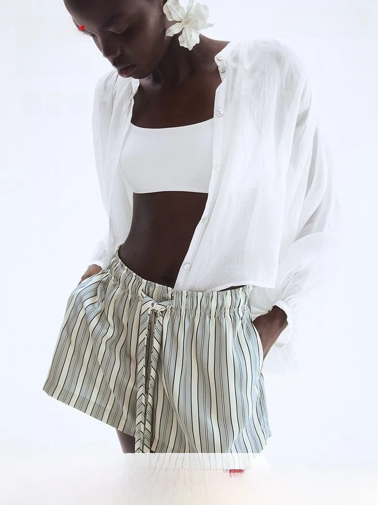 

H&M Women's Casual Pants Spring New Plaid Dstring orts High Waist Straight Leg Polyester Fiber 00% Summer Collection