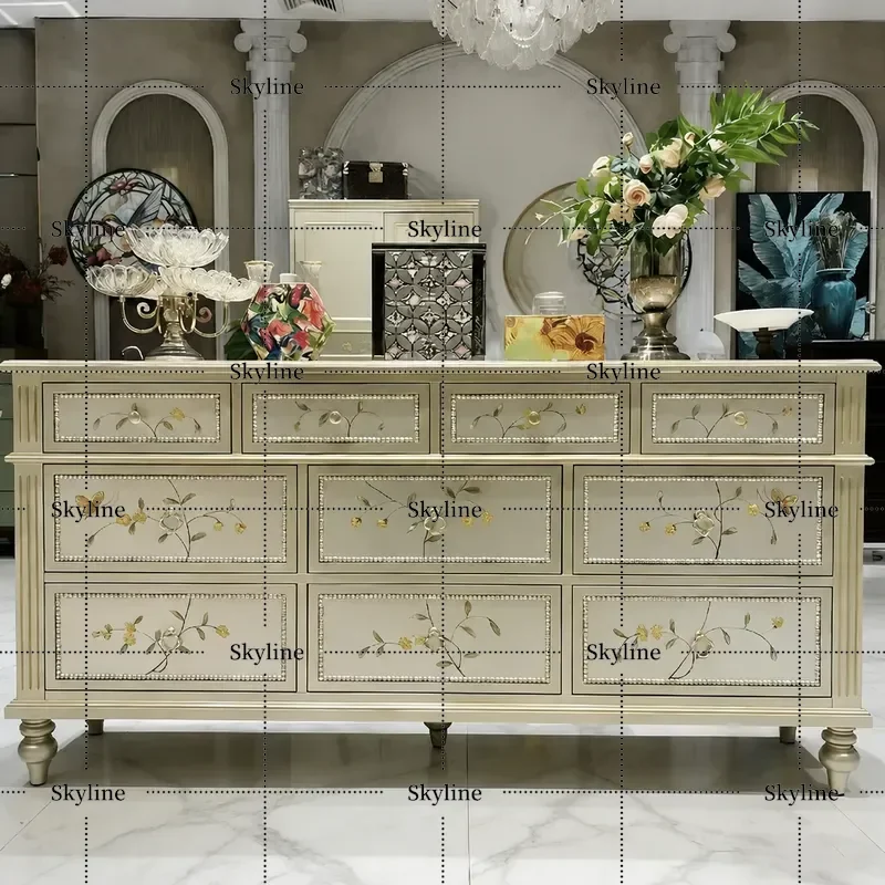 for European Retro Style Hand Painted Light Luxury 10 Drawer Chest Cabinet Living Room Bedroom Storage Porch Furniture