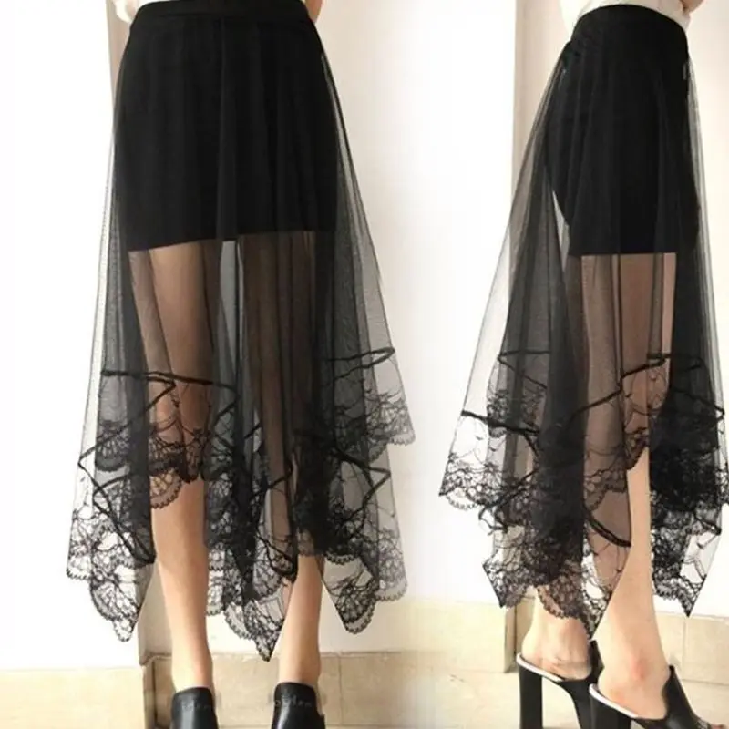 

Women High waisted, Lined, Double Layered Scalloped Lace Trim Midi Long Skirt Lined Solid Color Irregular Breathable Dropship