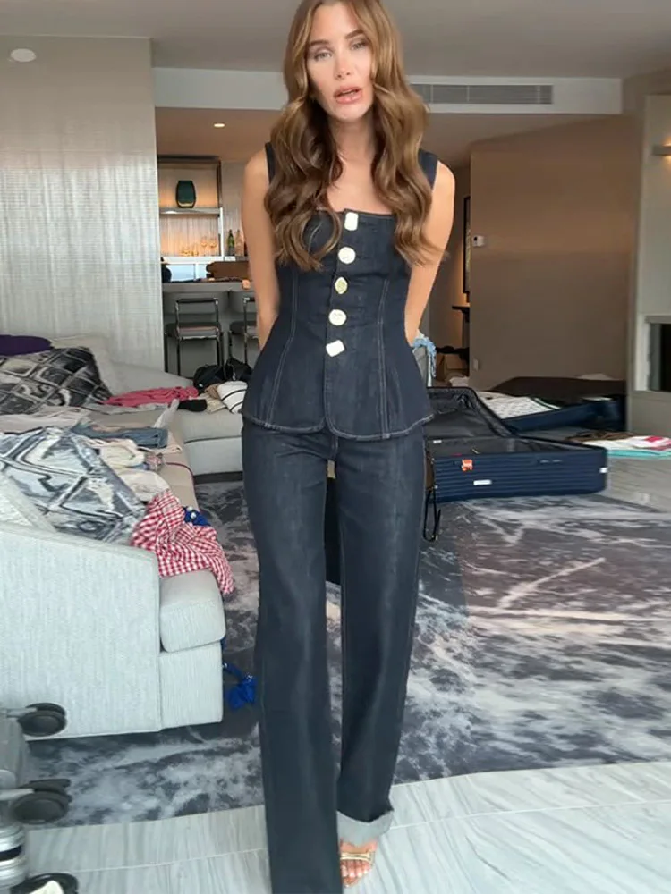 

Fashion Casual Denim Vest Trousers Outfit Spring Women Square Neck Single Breasted Vest+High Waist Wide Leg Pants Two Piece Set