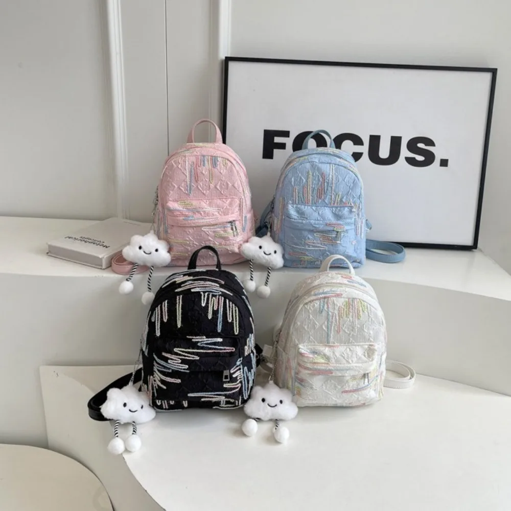 Korean Style Canvas Rucksack Cute Color Stripe Light Lightweight Rucksack with Cloud Pendant Large Capacity School Bag Girls